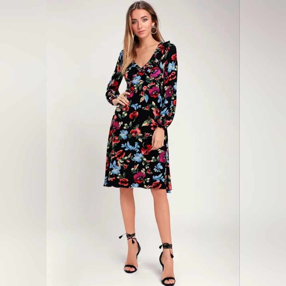 Lulus Tropical Floral Ruffle Cocktail Aline Midi Dress